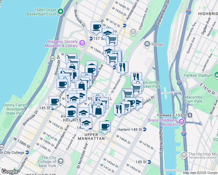 map of restaurants, bars, coffee shops, grocery stores, and more near West 152nd Street in New York