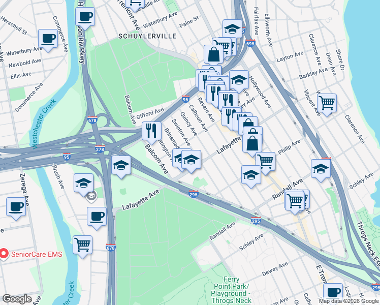 map of restaurants, bars, coffee shops, grocery stores, and more near 928 Brinsmade Avenue in Bronx