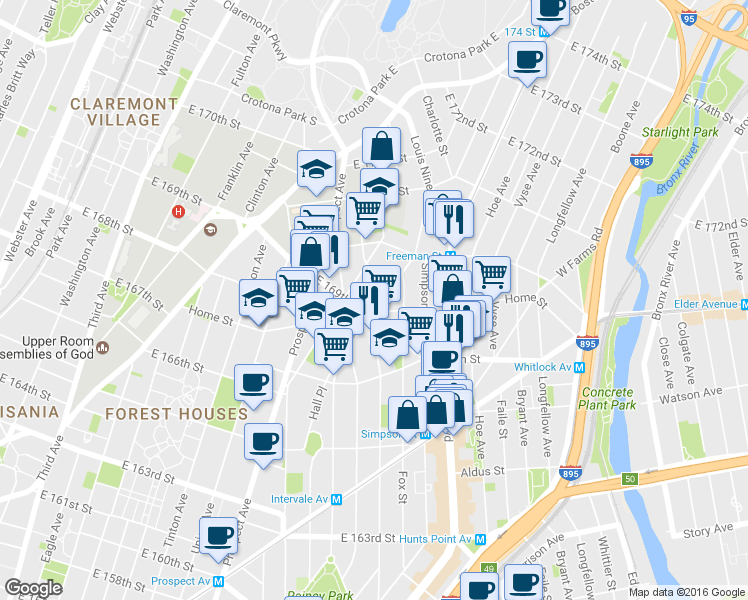 map of restaurants, bars, coffee shops, grocery stores, and more near 1229 Intervale Avenue in Bronx