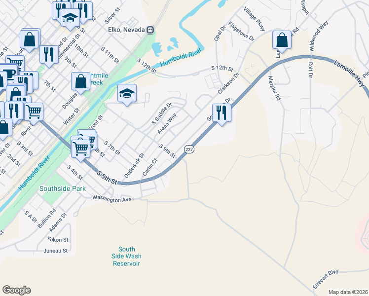 map of restaurants, bars, coffee shops, grocery stores, and more near 962 Southside Drive in Elko