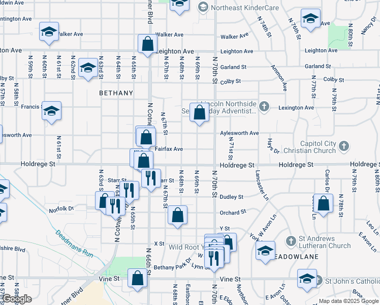 map of restaurants, bars, coffee shops, grocery stores, and more near 6835 Fairfax Avenue in Lincoln