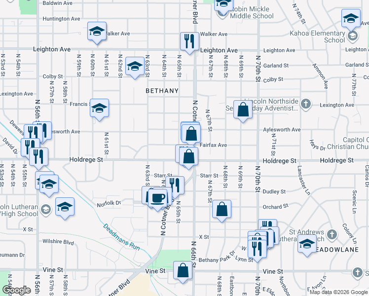 map of restaurants, bars, coffee shops, grocery stores, and more near 6515 Fairfax Avenue in Lincoln