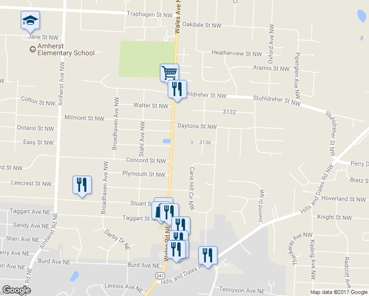 map of restaurants, bars, coffee shops, grocery stores, and more near 3270 Wales Avenue Northwest in Massillon