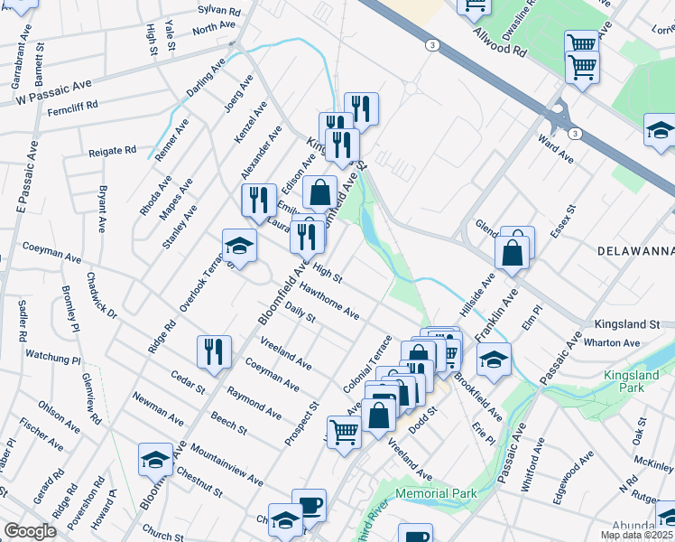 map of restaurants, bars, coffee shops, grocery stores, and more near 152 High Street in Nutley