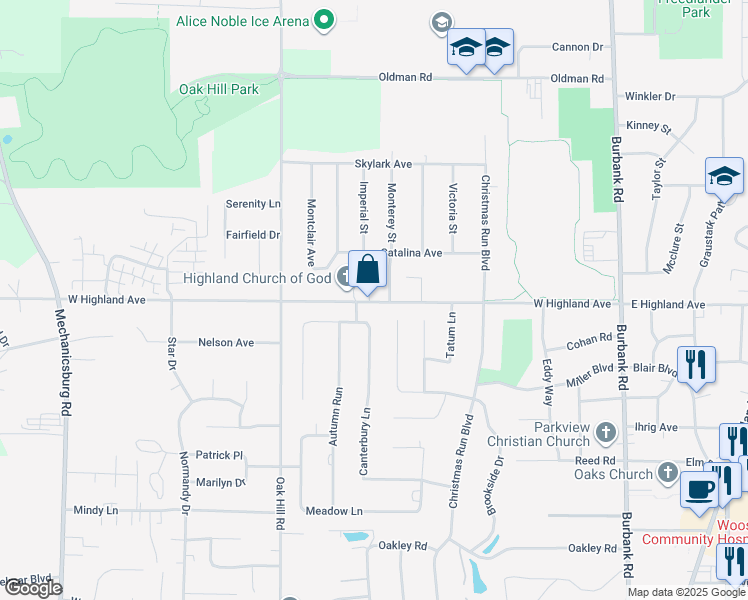 map of restaurants, bars, coffee shops, grocery stores, and more near 629 County Highway 106 in Wooster