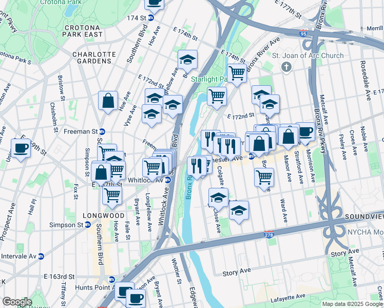 map of restaurants, bars, coffee shops, grocery stores, and more near 1363 Westchester Avenue in The Bronx