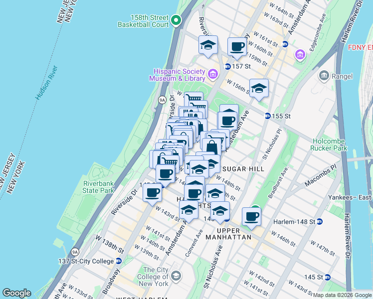 map of restaurants, bars, coffee shops, grocery stores, and more near 3618 Broadway in New York