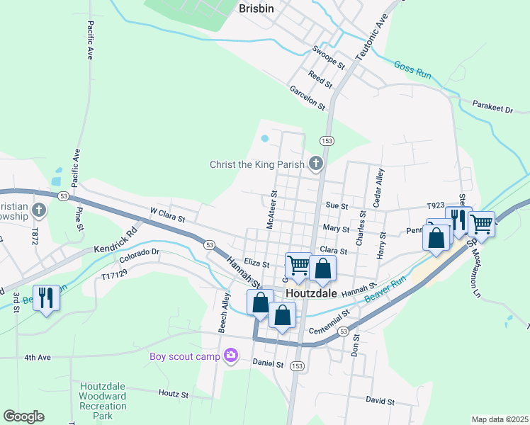 map of restaurants, bars, coffee shops, grocery stores, and more near 400 McAteer Street in Houtzdale