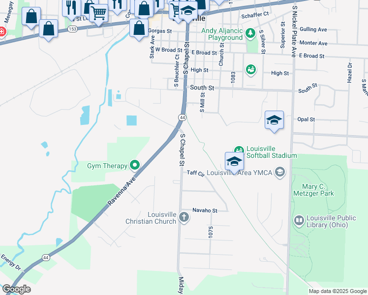 map of restaurants, bars, coffee shops, grocery stores, and more near 1300 South Chapel Street in Louisville