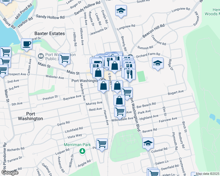 map of restaurants, bars, coffee shops, grocery stores, and more near 31 South Bayles Avenue in Port Washington