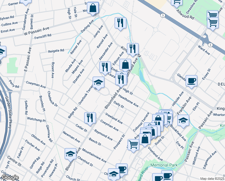 map of restaurants, bars, coffee shops, grocery stores, and more near 14 North Spring Garden Avenue in Nutley