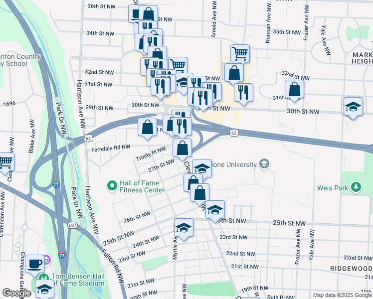 map of restaurants, bars, coffee shops, grocery stores, and more near 2712 Cleveland Avenue Northwest in Canton