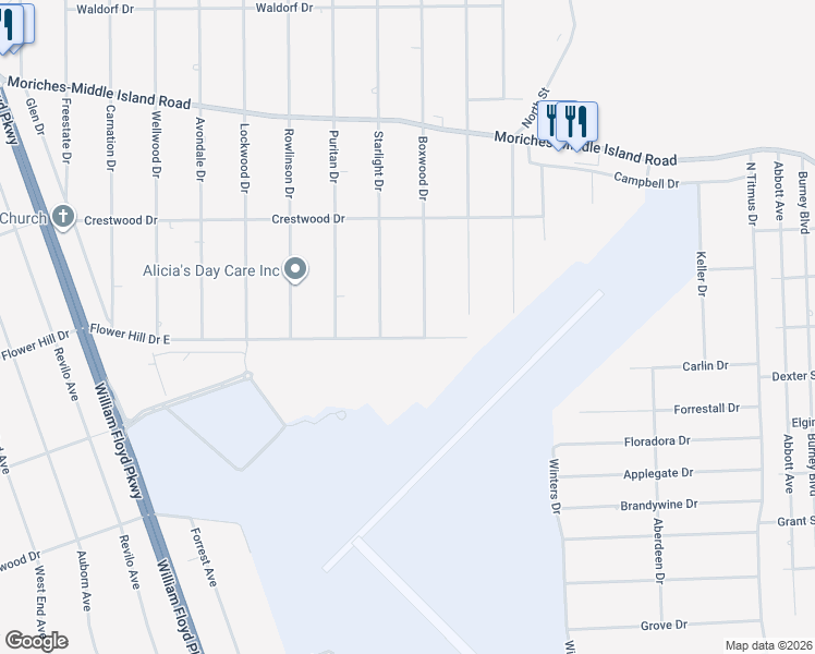 map of restaurants, bars, coffee shops, grocery stores, and more near 173 Flower Hill Drive East in Shirley