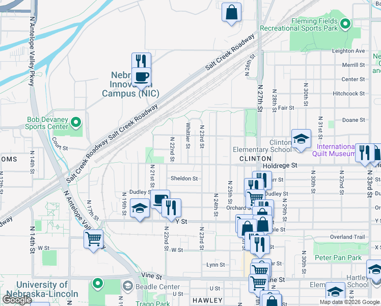 map of restaurants, bars, coffee shops, grocery stores, and more near 1525 Whittier Street in Lincoln