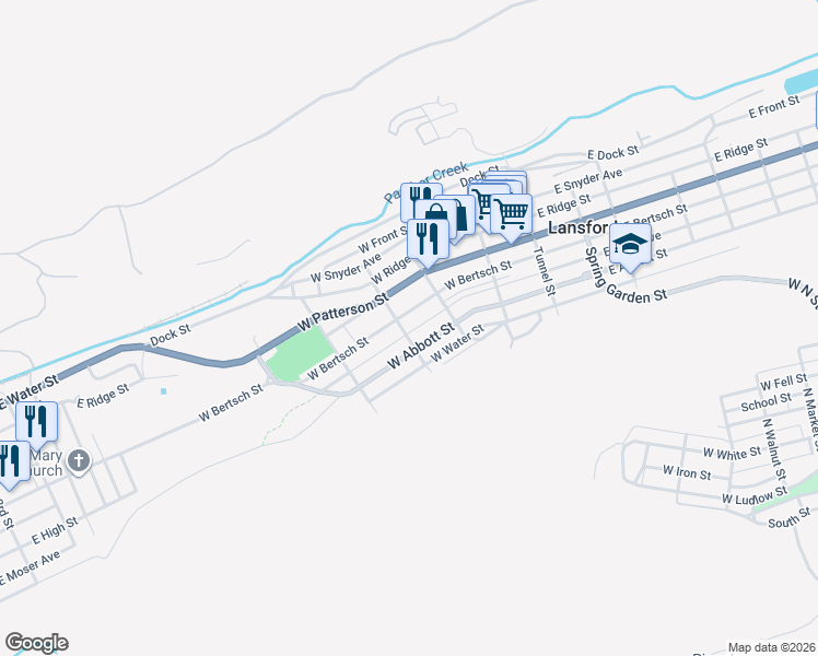 map of restaurants, bars, coffee shops, grocery stores, and more near 300 West Abbott Street in Lansford