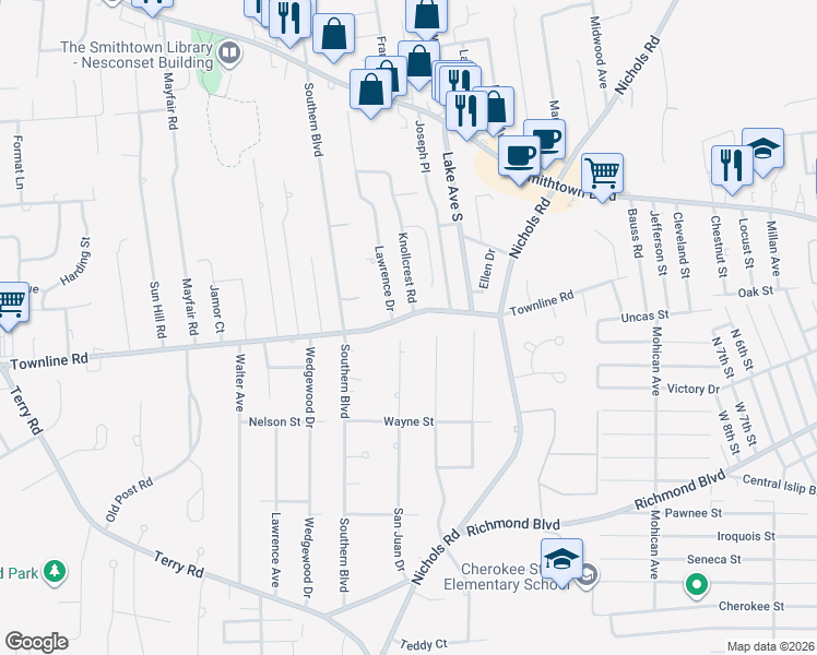 map of restaurants, bars, coffee shops, grocery stores, and more near 1422 Townline Road in Nesconset
