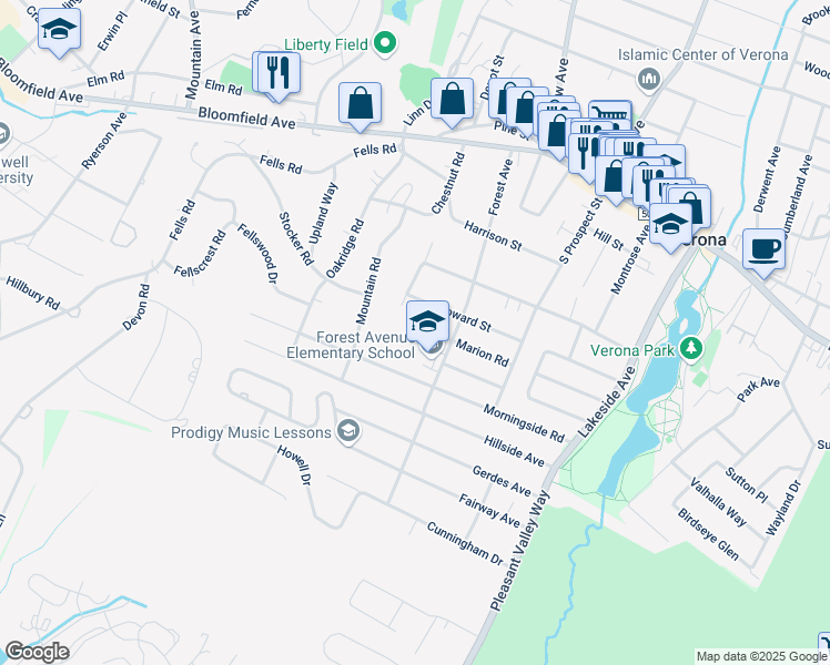 map of restaurants, bars, coffee shops, grocery stores, and more near 45 Marion Road in Verona