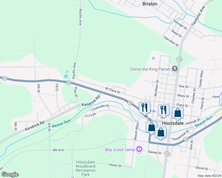 map of restaurants, bars, coffee shops, grocery stores, and more near 988 West Clara Street in Houtzdale