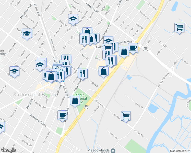 map of restaurants, bars, coffee shops, grocery stores, and more near 100 Orchard Street in East Rutherford