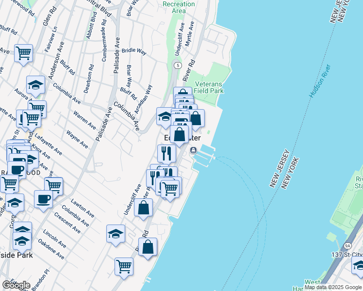 map of restaurants, bars, coffee shops, grocery stores, and more near in Edgewater