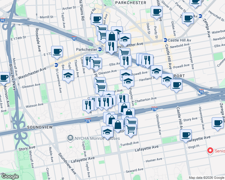 map of restaurants, bars, coffee shops, grocery stores, and more near 1946 Watson Avenue in Bronx