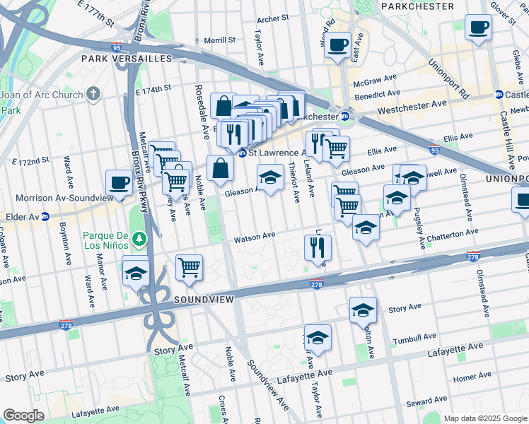 map of restaurants, bars, coffee shops, grocery stores, and more near 1121 Beach Avenue in The Bronx