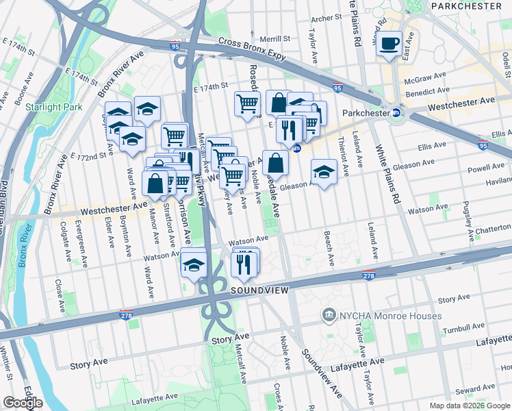 map of restaurants, bars, coffee shops, grocery stores, and more near 1143 Croes Avenue in Bronx