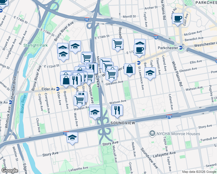 map of restaurants, bars, coffee shops, grocery stores, and more near 1140 Metcalf Avenue in Bronx