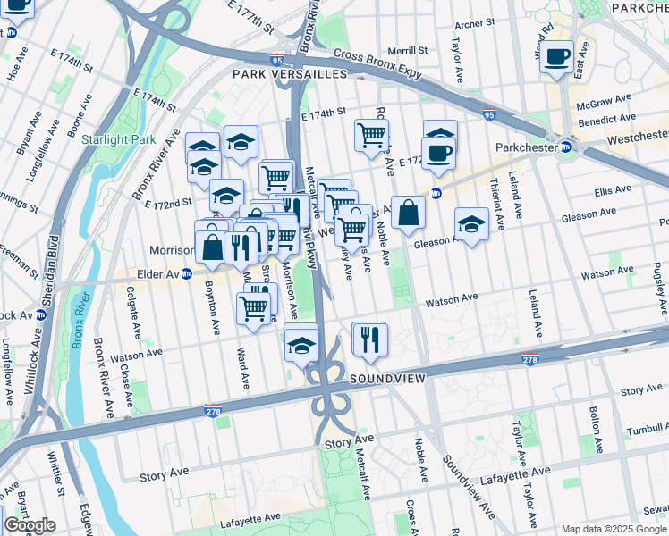 map of restaurants, bars, coffee shops, grocery stores, and more near 1140 Metcalf Avenue in Bronx