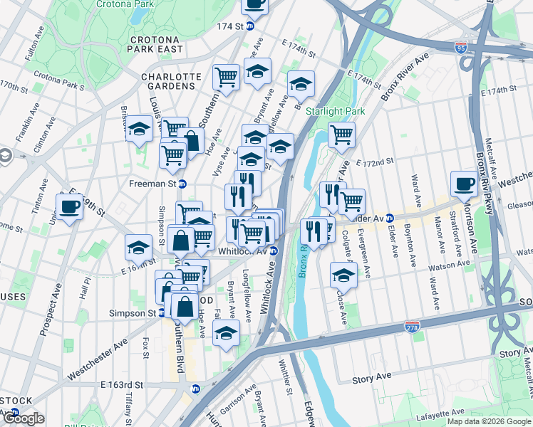 map of restaurants, bars, coffee shops, grocery stores, and more near 1028 Freeman Street in Bronx
