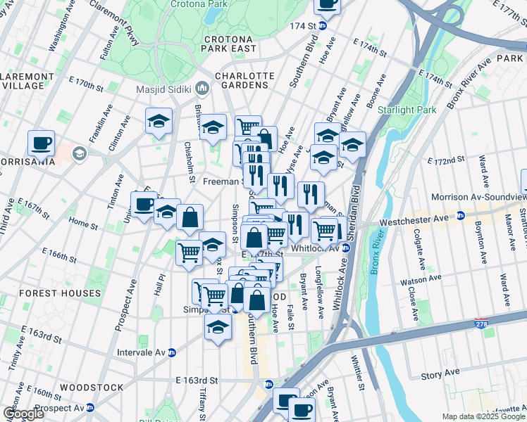 map of restaurants, bars, coffee shops, grocery stores, and more near in The Bronx