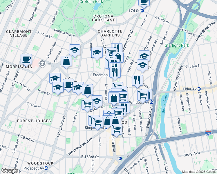 map of restaurants, bars, coffee shops, grocery stores, and more near 927 Home Street in The Bronx