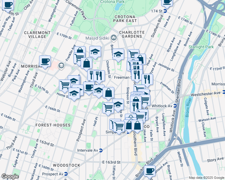 map of restaurants, bars, coffee shops, grocery stores, and more near 895 Home Street in The Bronx