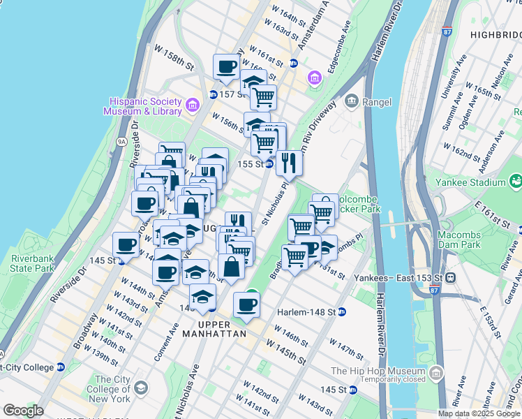map of restaurants, bars, coffee shops, grocery stores, and more near Saint Nicholas Avenue in New York