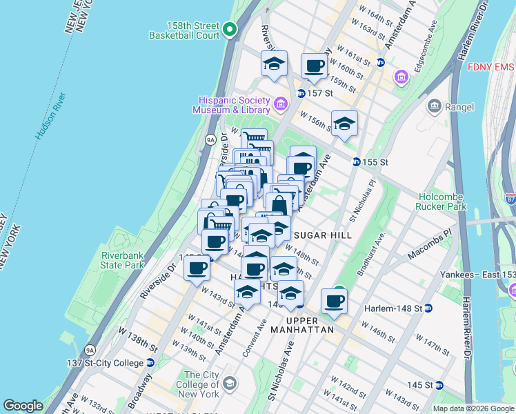 map of restaurants, bars, coffee shops, grocery stores, and more near 533 West 149th Street in New York