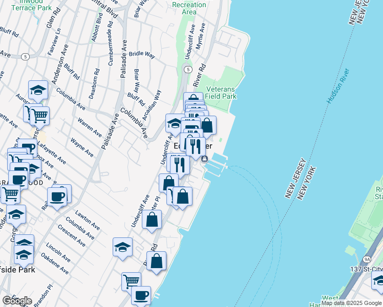 map of restaurants, bars, coffee shops, grocery stores, and more near in Edgewater
