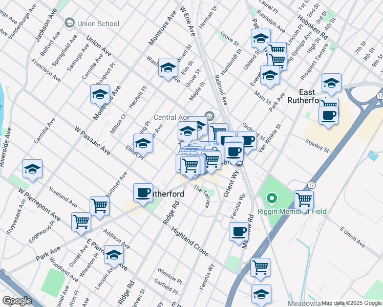 map of restaurants, bars, coffee shops, grocery stores, and more near 74 Kip Avenue in Rutherford