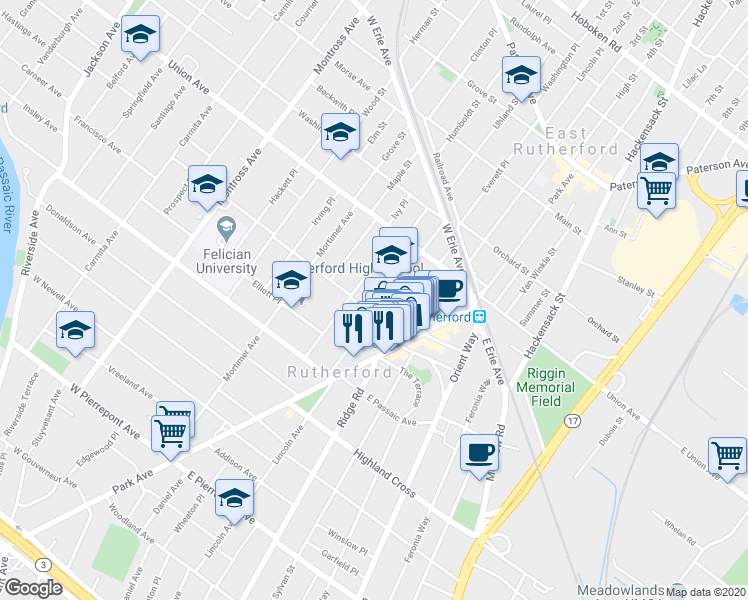 map of restaurants, bars, coffee shops, grocery stores, and more near 119 Home Avenue in Rutherford