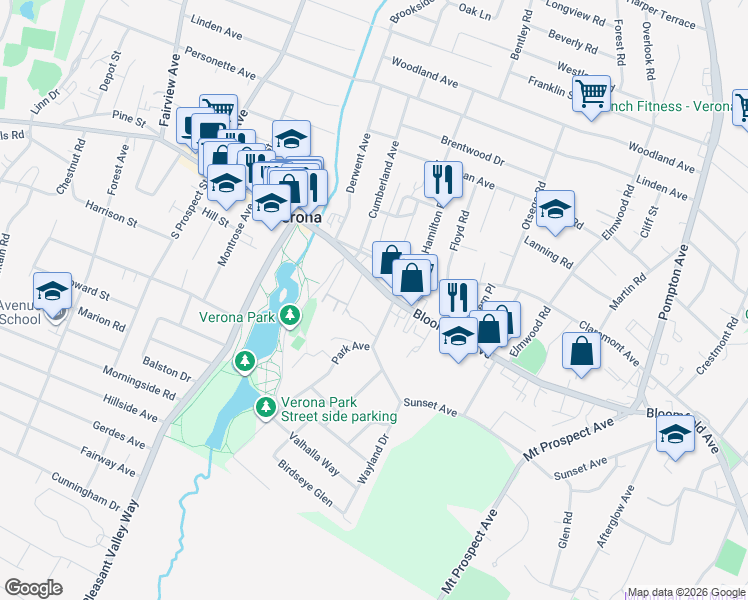 map of restaurants, bars, coffee shops, grocery stores, and more near 411 Bloomfield Avenue in Verona