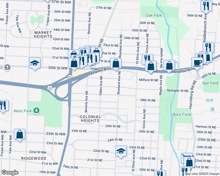 map of restaurants, bars, coffee shops, grocery stores, and more near 1215 29th Street Northeast in Canton