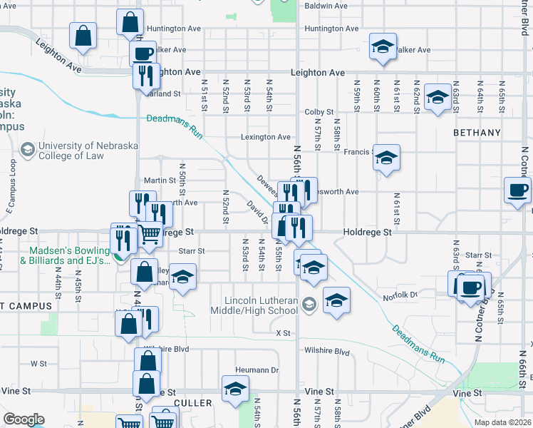 map of restaurants, bars, coffee shops, grocery stores, and more near 1515 David Drive in Lincoln
