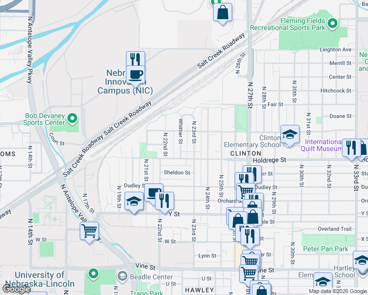 map of restaurants, bars, coffee shops, grocery stores, and more near 1525 Whittier Street in Lincoln