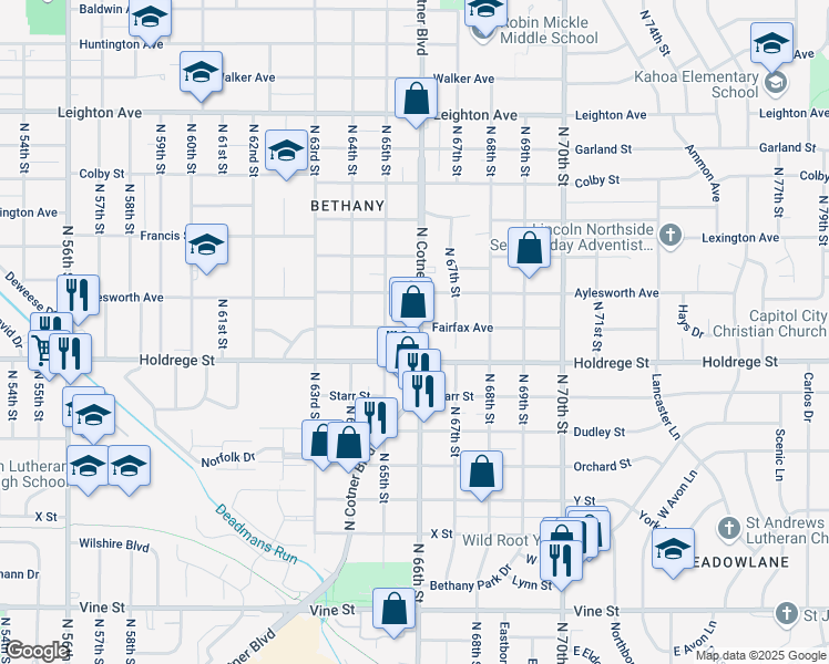 map of restaurants, bars, coffee shops, grocery stores, and more near 1551 North Cotner Boulevard in Lincoln