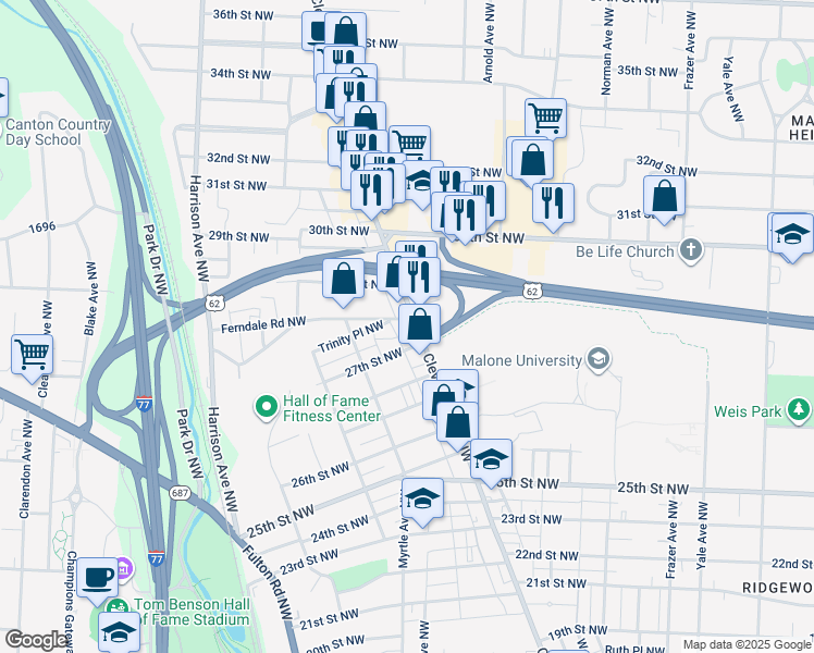 map of restaurants, bars, coffee shops, grocery stores, and more near 2708 Shorb Avenue Northwest in Canton
