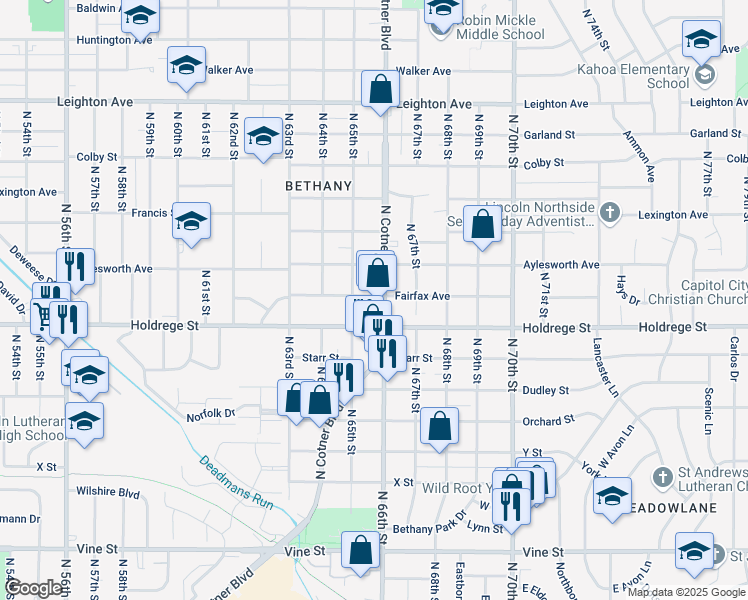 map of restaurants, bars, coffee shops, grocery stores, and more near 1551 North Cotner Boulevard in Lincoln