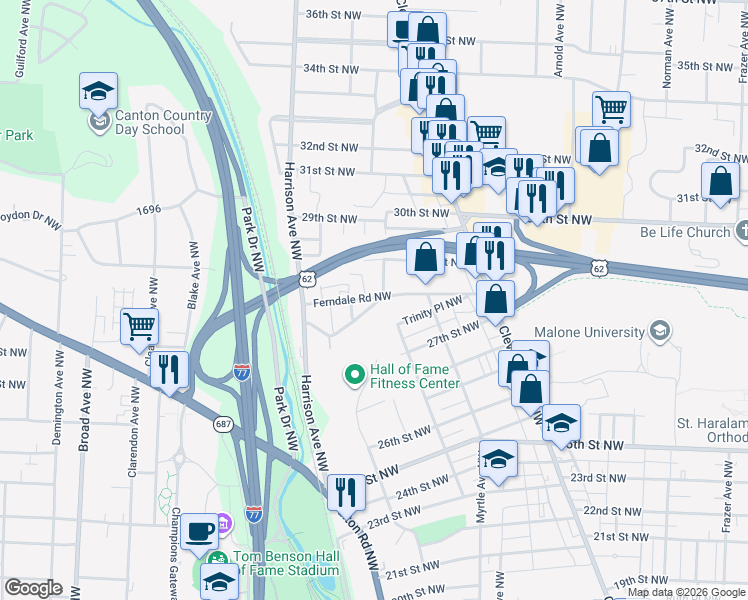 map of restaurants, bars, coffee shops, grocery stores, and more near 1818 Hillcrest Road Northwest in Canton