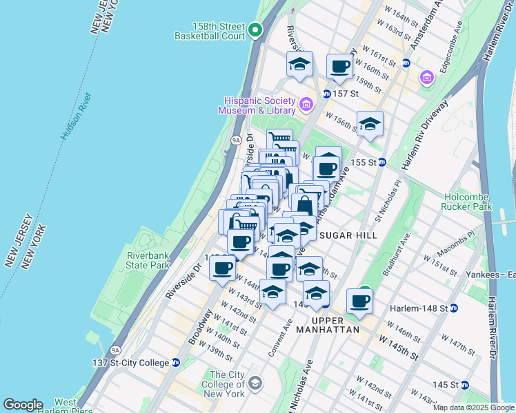 map of restaurants, bars, coffee shops, grocery stores, and more near 3607 Broadway in New York