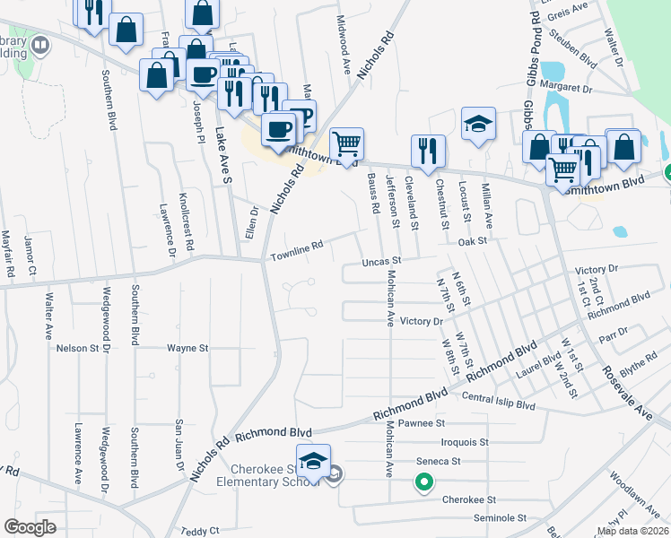 map of restaurants, bars, coffee shops, grocery stores, and more near 103 Longhouse Lane in Ronkonkoma