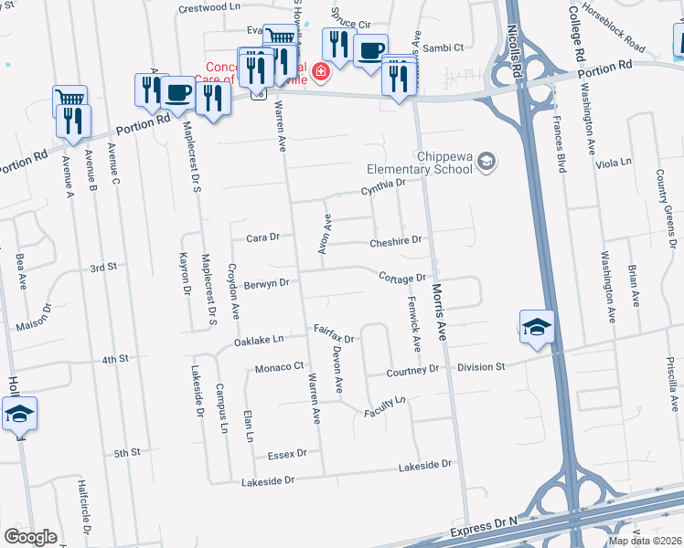 map of restaurants, bars, coffee shops, grocery stores, and more near 20 Cottage Drive in Farmingville