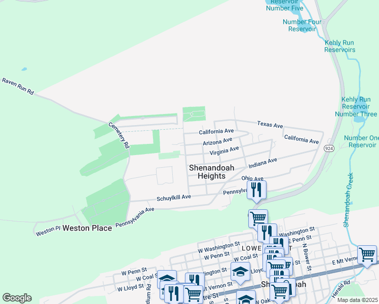 map of restaurants, bars, coffee shops, grocery stores, and more near 189 Virginia Avenue in Shenandoah